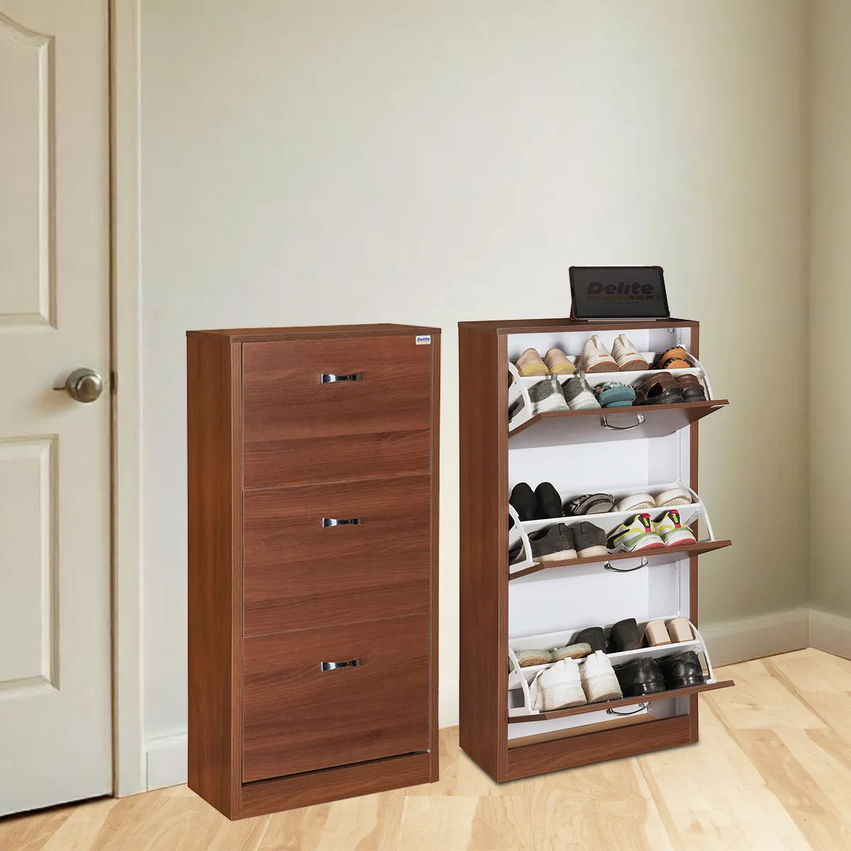 DELITE KOM Amy Engineered Wood Shoe Rack | Wooden Shoe Rack (Acacia Dark 6 Shelves, Knock Down) - Image 1