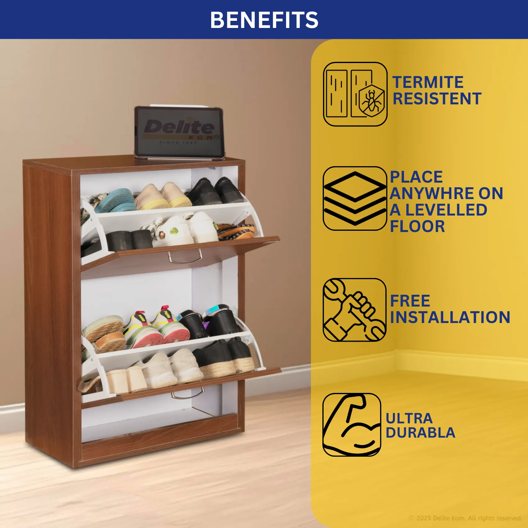Delite Kom Cami Engineered Wood Shoe Rack  (Acacia Dark, 4 Shelves, Knock Down) - Image 1